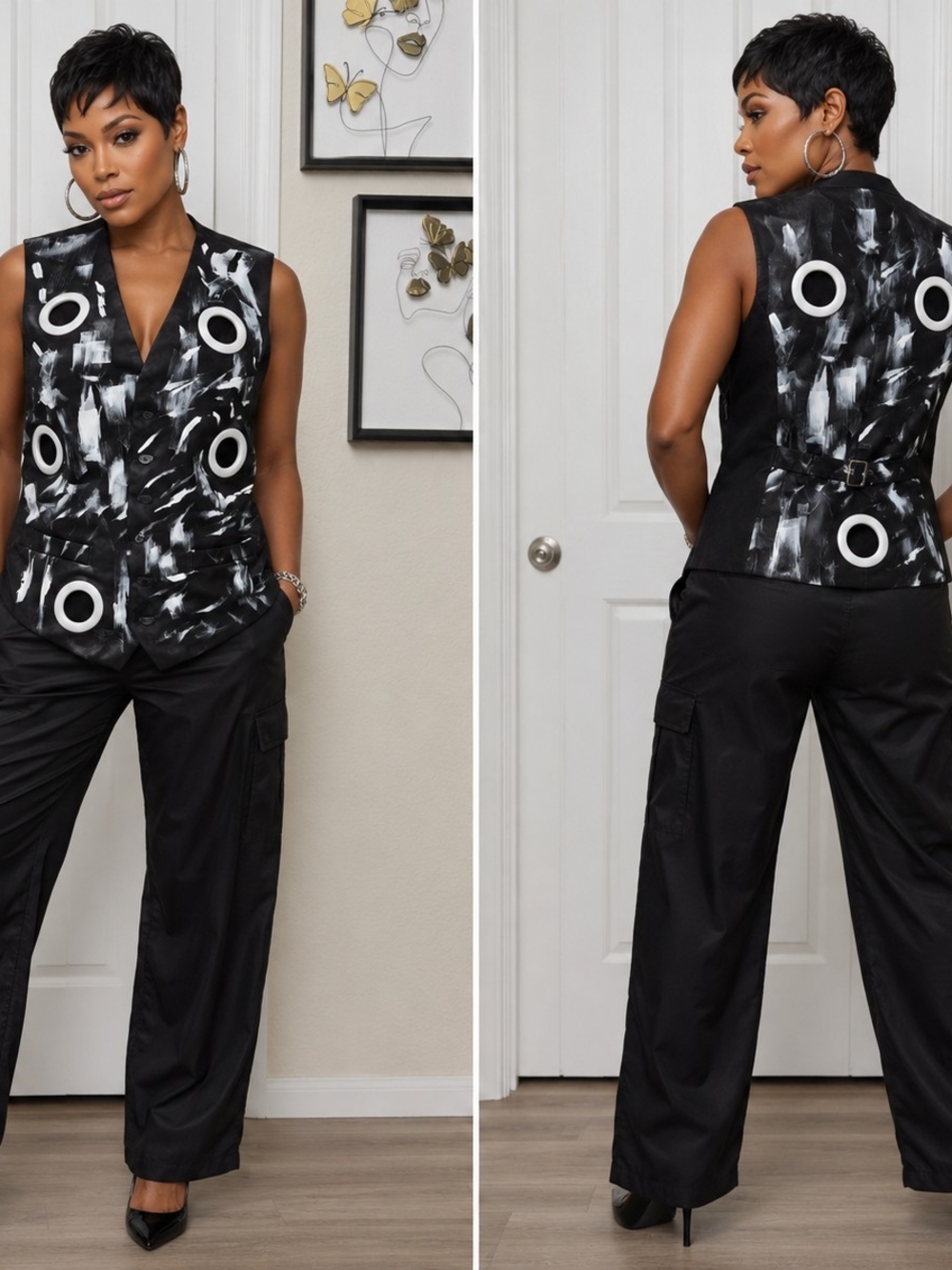 Sleeveless Black & White Hand Painted Vest
